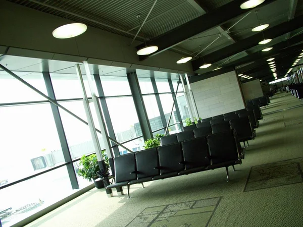 Unusual Angle View Empty Airport Departures Lounge — Stock Photo, Image