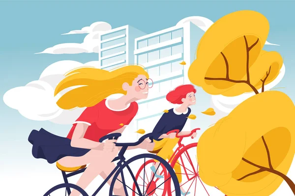 Kerékpáros Lányok Életmód Lapos Vektoros Illusztráció — Stock Fotó