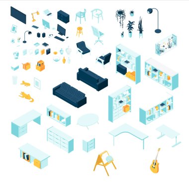 Isometric dolap ve oturma odası mobilya ve aksesuar iç dekorasyon izole beyaz arka plan