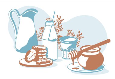 Kahvaltı nesnelerinin bileşimi: süt, cam, kurabiye, bisküvi, bal, dekoratif bitkiler izole edilmiş beyaz arka plan çizimi