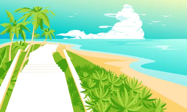 Ocean tropical landscape paradise. Wooden stairs to the beach of the island with palm trees. Bright sunny day. Traditional sea route and travel. Vector illustration