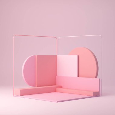3D görüntüleme, modaya uygun şekiller, soyut geometrik arkaplan, minimal podyum, modern model, ürün, boş şablon, pembe ve mercan formları, boş vitrin, dükkan vitrini, pembe pastel renk. Renkli.