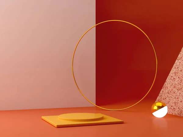 Minimal podium in ocher colors. Scene with geometrical forms. Gold ring, terrazzo wall, sphere with light and boxes. Orange and yellow, autumn scene. Minimal background to show products. 3d render.