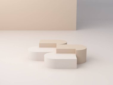 Geometrik formlarla soyut asgari sahne. Krem rengi kemerli boks podyumları. Soyut arkaplan. Kozmetik kapsülleri ve mücevherleri gösteren sahne. Vitrin, vitrin, vitrin. 3d hazırlayıcı. 