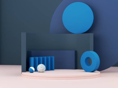 Podyum ve soyut arkaplanı olan en küçük sahne. Geometrik şekil. Klasik mavi kış renkleri sahnesi. Asgari 3D görüntüleme. Geometrik formları ve dokulu arka planı olan bir sahne. 3d hazırlayıcı. 