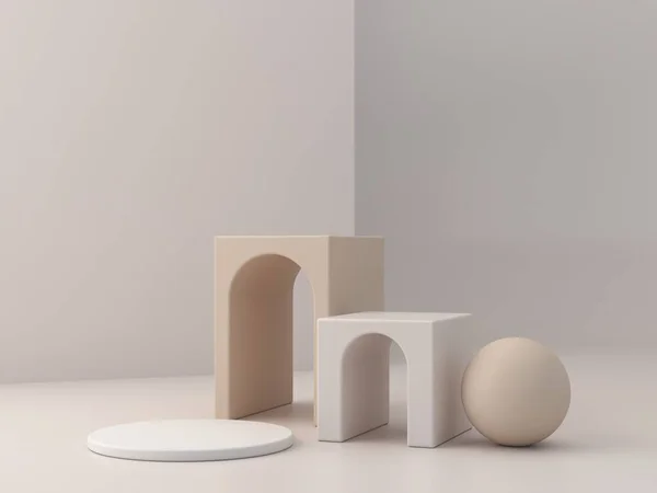 Abstract minimal scene with geometrical forms. Box podiums with archs in cream colors and sphere. Abstract background. Scene to show cosmetic podructs and jewelry. Showcase, shopfront, display case. 3d render.