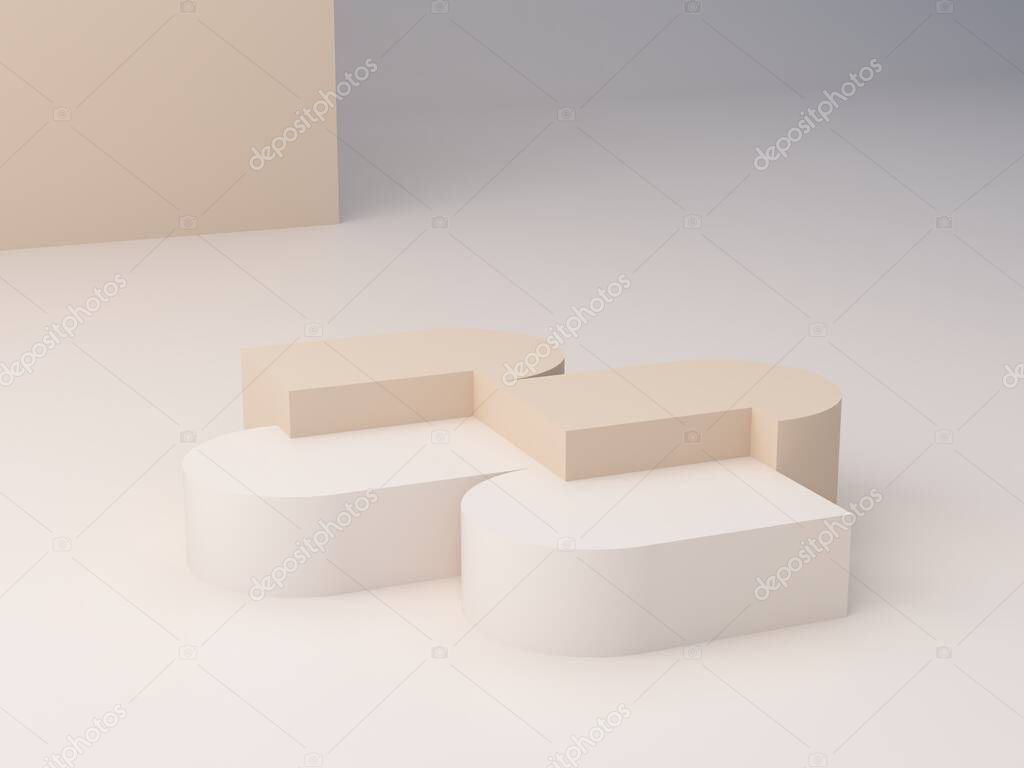 Abstract minimal scene with geometrical forms. Box podiums with archs in cream colors. Abstract background. Scene to show cosmetic podructs and jewelry. Showcase, shopfront, display case. 3d render. 