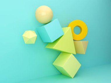 Geometrik formlarla soyut asgari görüntü oluşturuluyor. Renkli arka planda gerçekçi figürler. Küre, torus, tüp, dörtyüzlü ve soyut tasarım bileşimi için diğer şekiller.