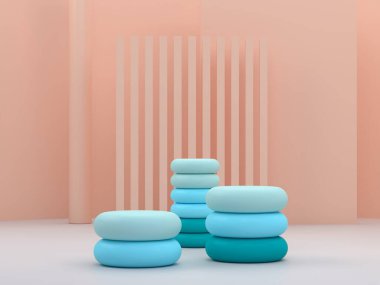 3 boyutlu görüntüleme. Silindir podyumu ve soyut arkaplanı olan en küçük sahne. Geometrik şekil. Mavi yaz renkleri sahnesi. Mercan zemin içinde ışık ve geometrik şekilli sahne. 