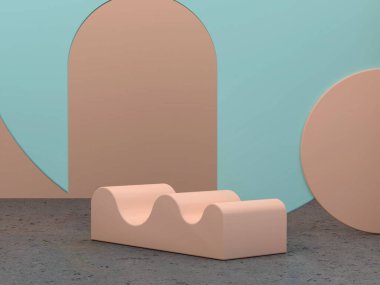 3D görüntüleme, soyut kozmetik arka plan. Ürünü göstermek için en düşük podyum. Kemer ve geometrik formlarla dolu boş bir sahne. Pastel krem asgari duvar. Moda gösterisi, vitrin, dükkan önü.. 