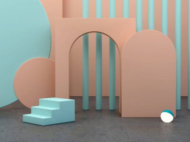 3D görüntüleme, soyut kozmetik arka plan. Ürünü göstermek için en düşük podyum. Kemer ve geometrik formlarla dolu boş bir sahne. Pastel krem asgari duvar. Moda gösterisi, vitrin, dükkan önü.. 