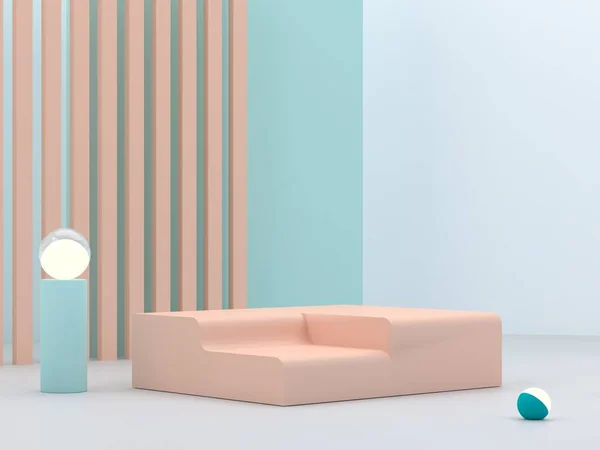 Minimal podium in pastel colors. Scene with geometrical forms. Corner podium. Sphere with light and boxes. Blue and pink, summer scene. Minimal background to show products. 3d render.