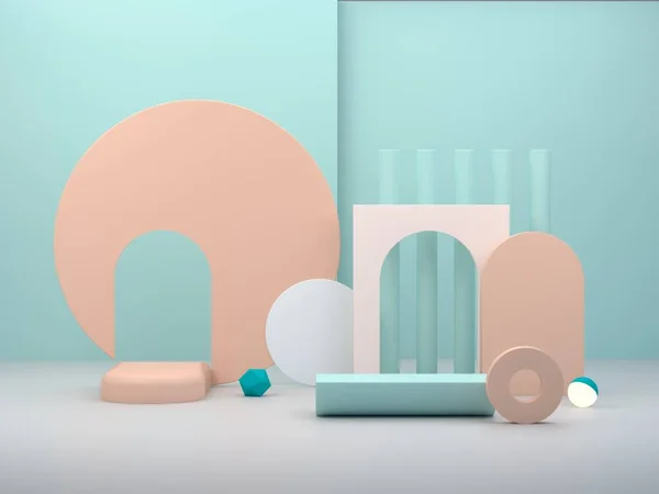 3d rendering, abstract cosmetic background. Minimal podium to show a product. Empty scene with arches and geometrical forms. Pastel cream minimal wall. Fashion showcase, display case, shopfront.