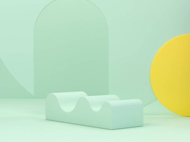Yeşil soyut arka planda pastel şekiller. Minimum sahne ve geometrik eğimli podyum. Geometrik şekilli sahne. Kozmetik ürün sunumu için boş bir vitrin. Moda dergisi. 3d hazırlayıcı. 