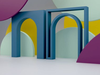 Podyum ve soyut arkaplanı olan en küçük sahne. Geometrik şekil. Tam renkli sahne. Asgari 3D görüntüleme. Geometrik şekilli sahne, yeşil arka plan ve kemerler. 3d hazırlayıcı. 