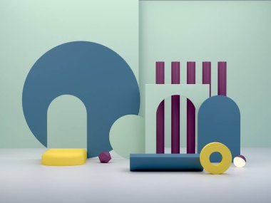 Podyum ve soyut arkaplanı olan en küçük sahne. Geometrik şekil. Tam renkli sahne. Asgari 3D görüntüleme. Geometrik şekilli sahne, yeşil arka plan ve kemerler. 3d hazırlayıcı. 