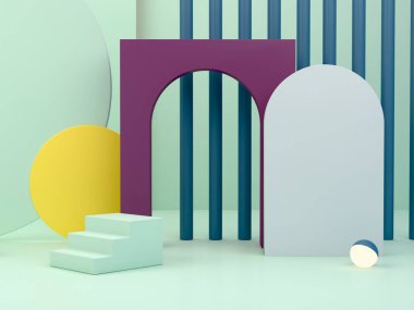 Podyum ve soyut arkaplanı olan en küçük sahne. Geometrik şekil. Tam renkli sahne. Asgari 3D görüntüleme. Geometrik şekilli sahne, yeşil arka plan ve kemerler. 3d hazırlayıcı. 