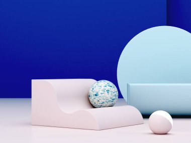 Podyum ve soyut arkaplanı olan en küçük sahne. Geometrik şekiller. Klasik mavi renk. Asgari 3D görüntüleme. Geometrik şekilli sahne ve kozmetik ürün için dokulu arka plan. 3d hazırlayıcı. 