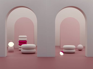 Podyum, kemer ve soyut arkaplan sahnesi. Geometrik şekiller. Garnet rengi, karanlık sahne, ışıklar ve geometrik formlar ve kozmetik ürünler için dokulu arka plan. 3d hazırlayıcı