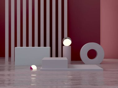 Podyum, kemer ve soyut arkaplan sahnesi. Geometrik şekiller. Garnet rengi, karanlık sahne, ışıklar ve geometrik formlar ve kozmetik ürünler için su. 3d hazırlayıcı