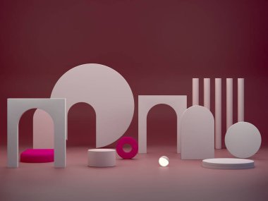 Podyum, kemer ve soyut arkaplan sahnesi. Geometrik şekiller. Garnet rengi, karanlık sahne, ışıklar ve geometrik formlar ve kozmetik ürünler için dokulu arka plan. 3d hazırlayıcı