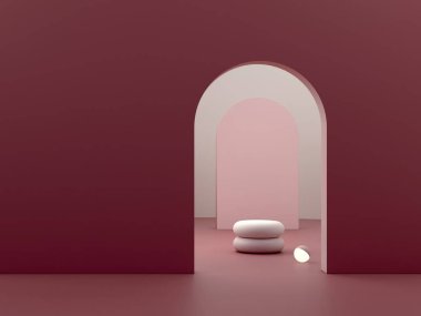 Podyum, kemer ve soyut arkaplan sahnesi. Geometrik şekiller. Garnet rengi, karanlık sahne, ışıklar ve geometrik formlar ve kozmetik ürünler için dokulu arka plan. 3d hazırlayıcı