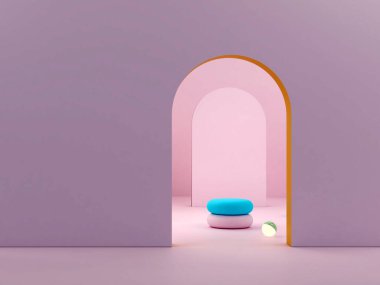 Soyut pembe arkaplanda pembe şekiller. Minimum kutu ve geometrik eğimli podyum. Geometrik şekilli sahne. Kozmetik ürün sunumu için boş bir vitrin. Moda dergisi. 3d hazırlayıcı