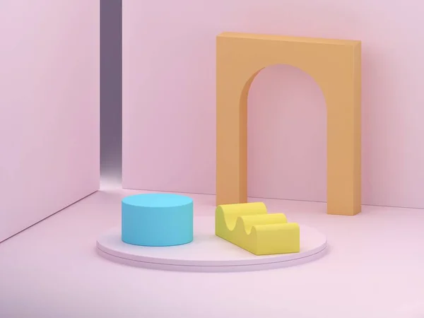 Pink shapes on a pink abstract background. Minimal box and geometric curved podium. Scene with geometrical forms. Empty showcase for cosmetic product presentation. Fashion magazine. 3d render