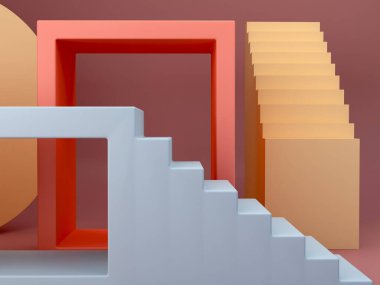 3D görüntüleme. Modern geometrik tarzda minimalist bir iç mekan olan merdivenler. Sancaklar ya da ürün sunumları için sonbahar renkleri arkaplanı. Mimari blok, soyut arkaplan, moda podyumu.
