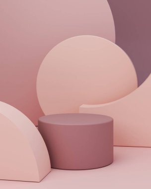 Podyum ve soyut arkaplanı olan en küçük sahne. Geometrik şekiller. Pastel renkler sahnesi. Asgari 3D görüntüleme. Geometrik şekilli sahne ve kozmetik ürün için dokulu arka plan. 3d hazırlayıcı. 