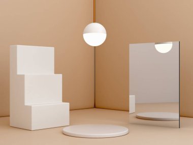 3D görüntüleme, soyut kozmetik arka plan. Ürünü göstermek için en düşük podyum. Merdiven ve küresel ışıkla dolu boş bir sahne. Pastel krem asgari duvar. Moda gösterisi, vitrin, dükkan önü.. 