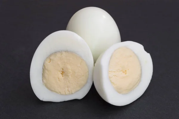 group of hard-boiled eggs without shells and cut in half