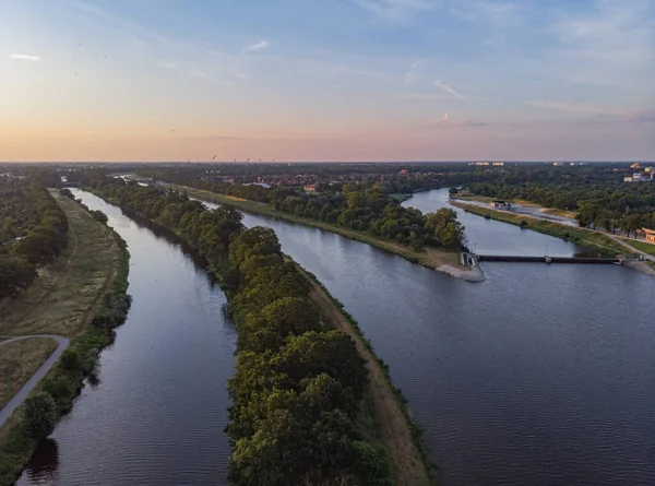 Morning aerial cityscape over coasts, islands and peninsula on Odra river in Wroclaw city