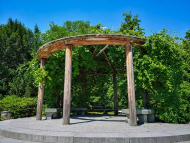 Sarmaşık ve çalılarla dolu eski, yuvarlak bir yapı.