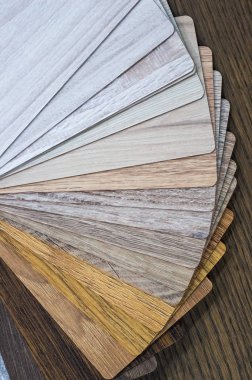 Zemin laminant veya mobilya ev veya ticari bina için ahşap örnekleri. Küçük renkli örnek panoları. Kopya alanı, Tasarım