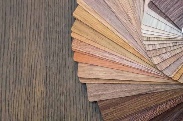 Wooden samples for floor laminate or furniture in home or commercial building.Small color sample boards. Copy space, design Stock Picture