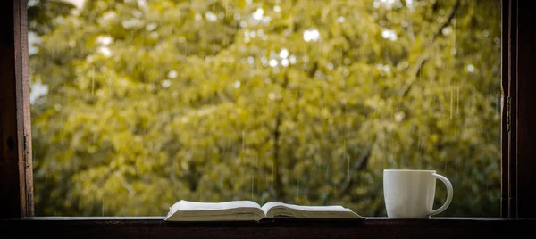 Gemütliches Herbst-Stillleben: Tasse heißen Kaffee und aufgeschlagenes Buch auf der Fensterbank und draußen Regen. Herbst. Wohnung. Regen — Stockfoto