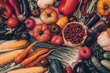 Hasat, sonbahar. Taze sağlıklı meyve ve sebze panoramik topluluğu. Sağlıklı beslenme arka plan. Sebze arka plan