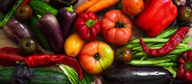 Hasat, sonbahar. Taze sağlıklı meyve ve sebze panoramik topluluğu. Sağlıklı beslenme arka plan. Sebze arka plan