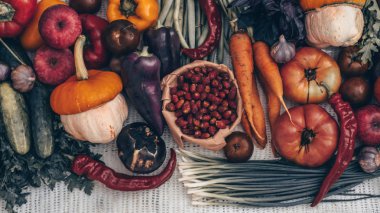 Hasat, sonbahar. Taze sağlıklı meyve ve sebze panoramik topluluğu. Sağlıklı beslenme. Uzay kopyalayın. Sebze arka plan