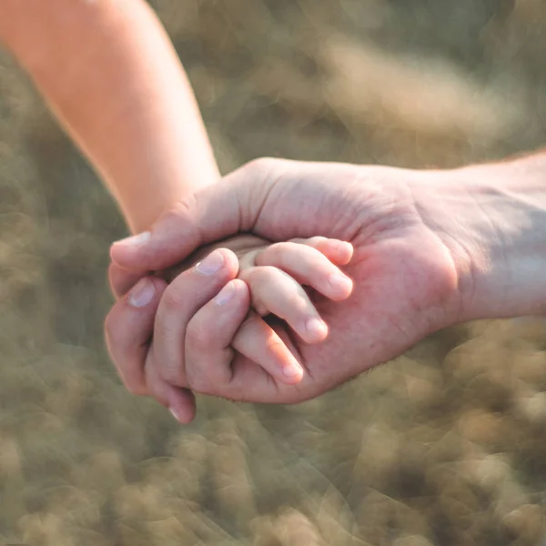 Orang tua memegang tangan seorang anak kecil. Ayah memegang anak dengan tangan. close-up. Di latar belakang. Dukungan dalam perjalanan . — Stok Foto