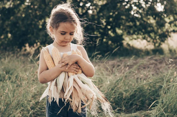 A kislány játszott a kukorica a területen ősszel. Gyermek gazdaságban a kukorica csutka. A betakarítás a gyerekek. Őszi tevekenysegek gyermekek Szamara. — Stock Fotó