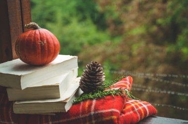 Rahat sonbahar natürmort: fincan sıcak kahve ve vintage pencere ve yağmur dışında açılan kitap. Sonbahar. Daire. Yağmur 