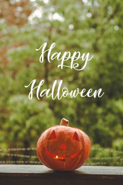 Cadılar Bayramı Balkabağı kırmızı kareli ile rahat pencere pervazına üzerinde arka plan. Bütün balkabağı ve maytap açık havada. Cadılar Bayramınız Kutlu Olsun! Sonbahar