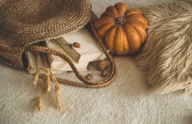 Eski kitaplar ve vintage hasır çanta üzerinde beyaz ekose physalis, meşe palamudu kabak, ceviz ile sıcak. Sonbahar kitap ve okuma. Sonbahar ruh hali