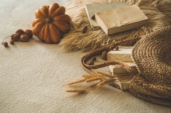 Gamla böcker och vintage Stråväska på vitt varm pläd med pumpa, physalis, ekollon, valnöt. Höstens böcker och läsning. Höstens mood — Stockfoto