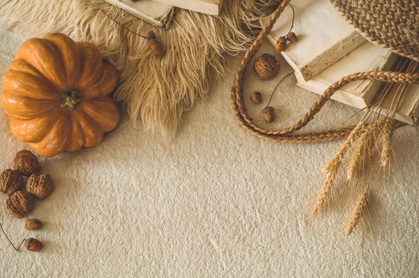 Eski kitaplar ve vintage hasır çanta üzerinde beyaz ekose physalis, meşe palamudu kabak, ceviz ile sıcak. Sonbahar kitap ve okuma. Sonbahar ruh hali