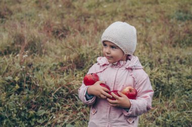 Kırmızı elma onun elinde tutan mutlu bir çocuk. Komik çocuk sonbahar Park'ta açık havada hasat