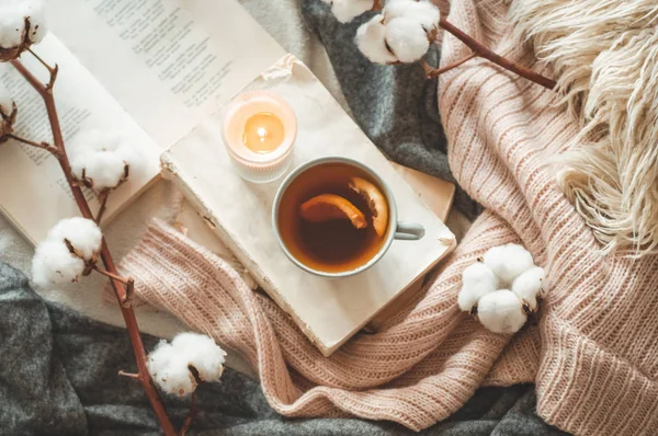 Masih tinggal di interior rumah ruang tamu. Sweater dan secangkir teh dengan kerucut pada buku. Bacalah. Konsep musim dingin musim gugur yang nyaman — Stok Foto