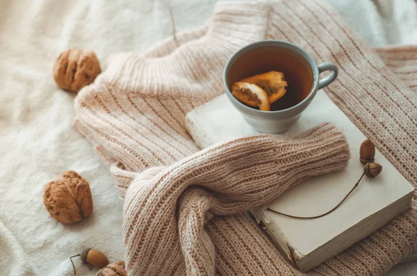 Still life in home interior of living room. Sweaters and cup of tea with a cone  on the books. Read. Cozy autumn winter concept — Stock Photo, Image